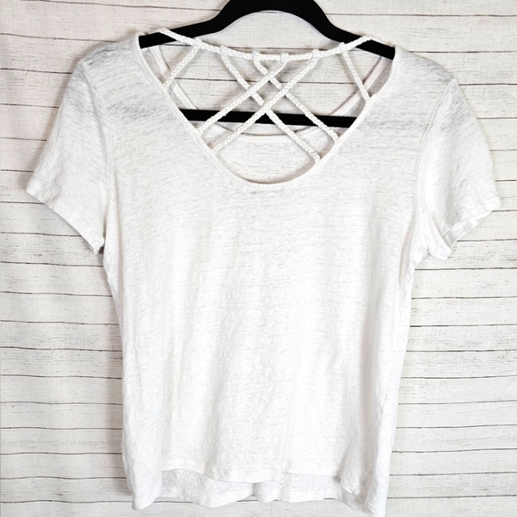 Boden 100% Linen Corded Cutout White Short Sleeve Top with Pocket - Picture 6 of 10